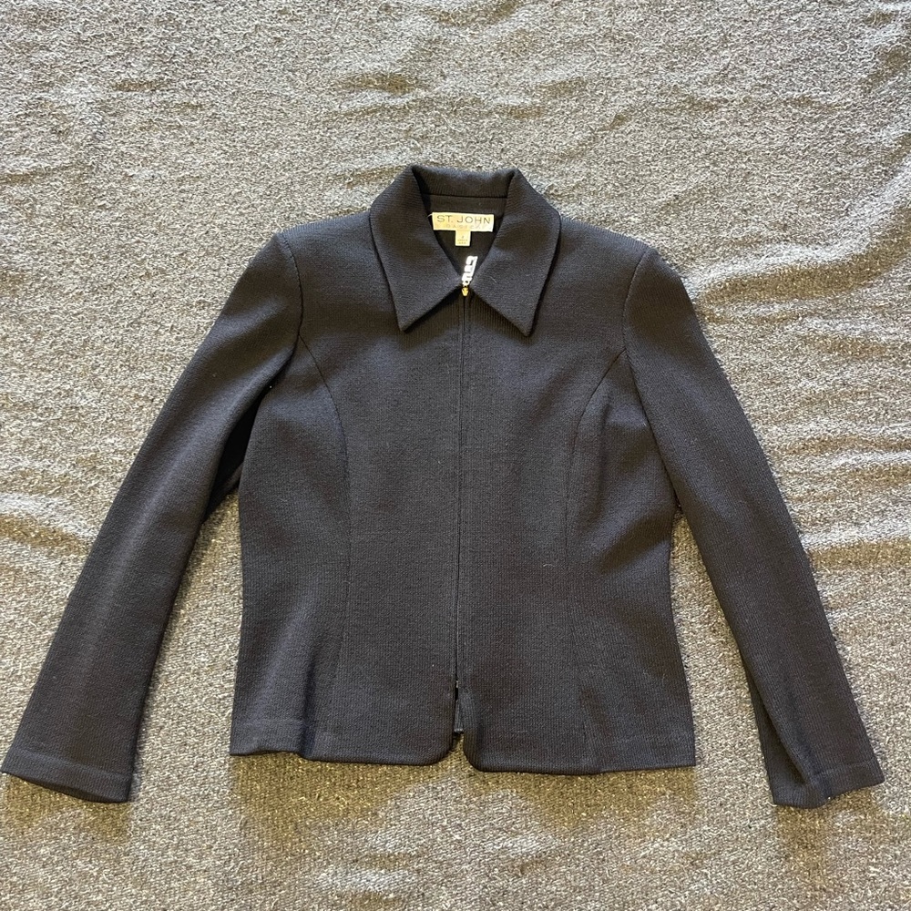 St John Basics Womens Black Full Zip CHARM Collared Sweater Cardigan Size 4 USA